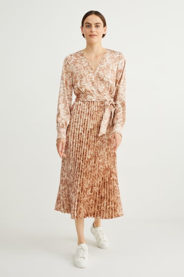Damen - Wickelkleid - plissiert - gemustert - hellbeige