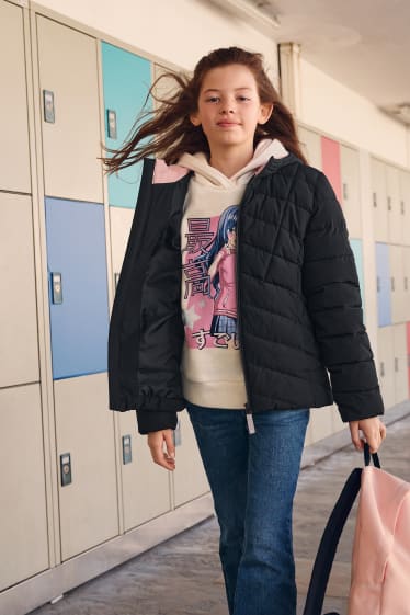Kids Girls - Quilted jacket with hood - black