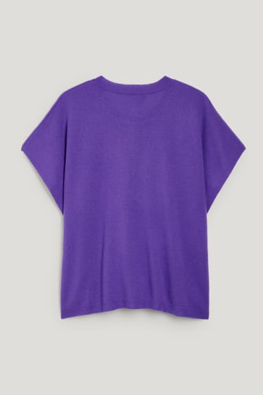 Dames - Gebreide poncho - wolmix, deels met kasjmier - paars