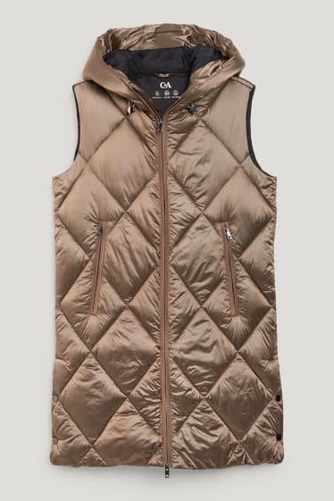 Damen - Lange Steppweste mit Kapuze - beige