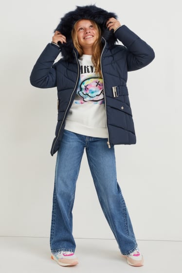 Kids Girls - Steppjacke mit Kapuze und Kunstfellbesatz - dunkelblau