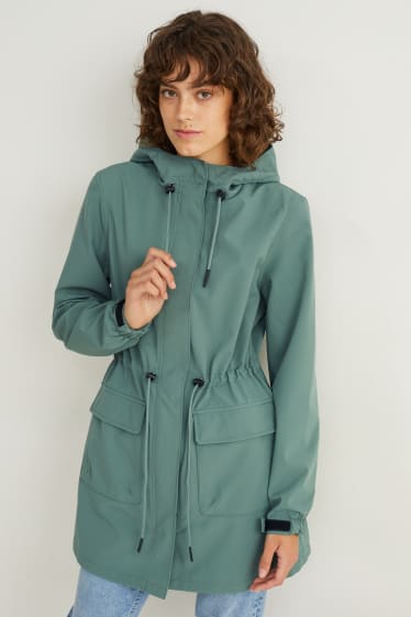 Damen - Softshellmantel mit Kapuze - 4 Way Stretch - grün