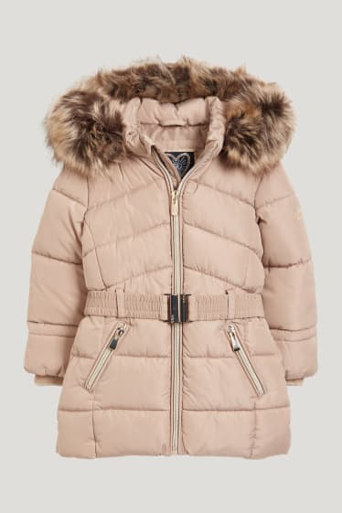 Toddler Girls - Quilted jacket with hood and faux fur trim - light brown