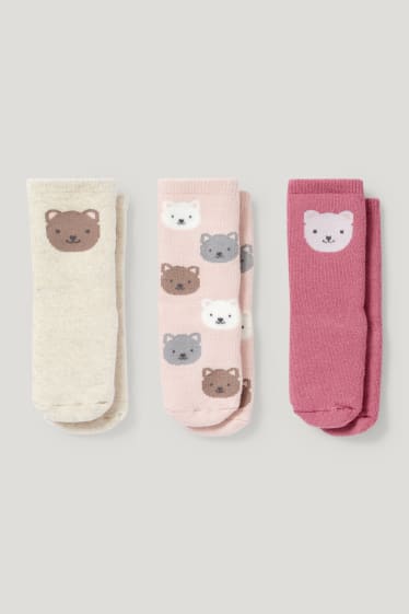 Baby Girls - Multipack 3er - Bärchen - Baby-Anti-Rutsch-Socken mit Motiv - hellbeige
