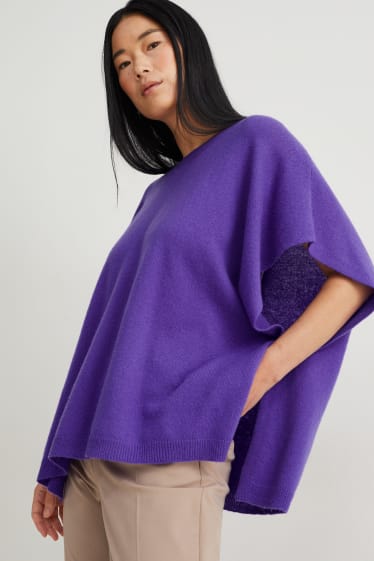 Dames - Gebreide poncho - wolmix, deels met kasjmier - paars