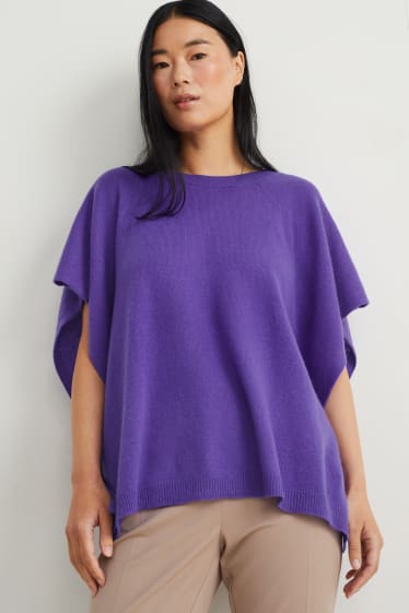 Dames - Gebreide poncho - wolmix, deels met kasjmier - paars