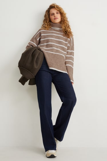 Damen - Rollkragenpullover - gestreift - hellbeige
