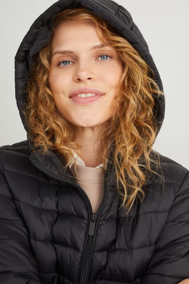 Women - Quilted coat with hood - black