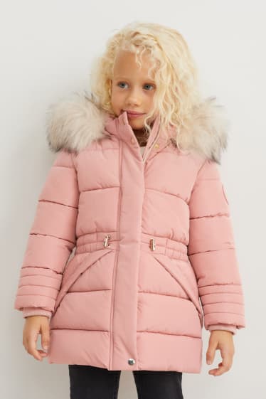 Toddler Girls - Quilted jacket with hood and faux fur trim - rose