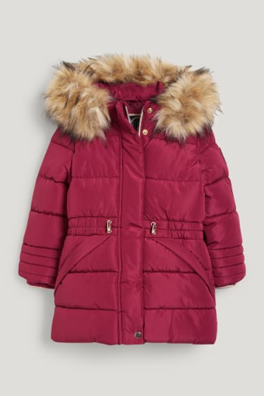 Toddler Girls - Quilted jacket with hood and faux fur trim - dark rose