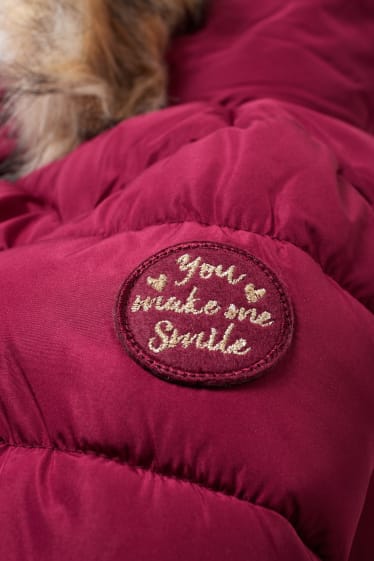 Toddler Girls - Quilted jacket with hood and faux fur trim - dark rose