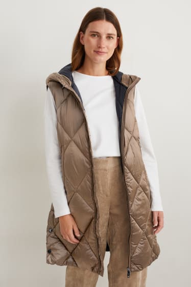 Damen - Lange Steppweste mit Kapuze - beige