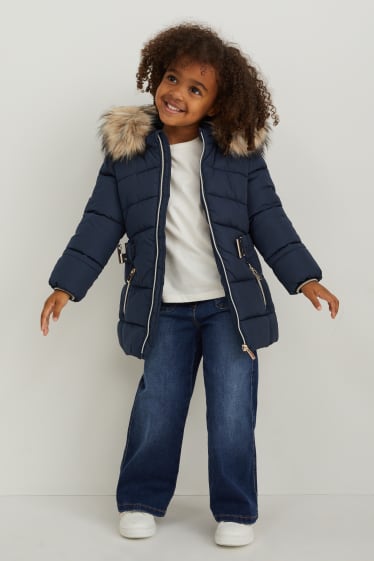 Toddler Girls - Gewatteerde jas met capuchon en imitatiebontrandje - donkerblauw