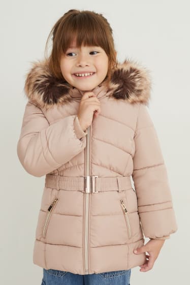Toddler Girls - Steppjacke mit Kapuze und Kunstfellbesatz - hellbraun