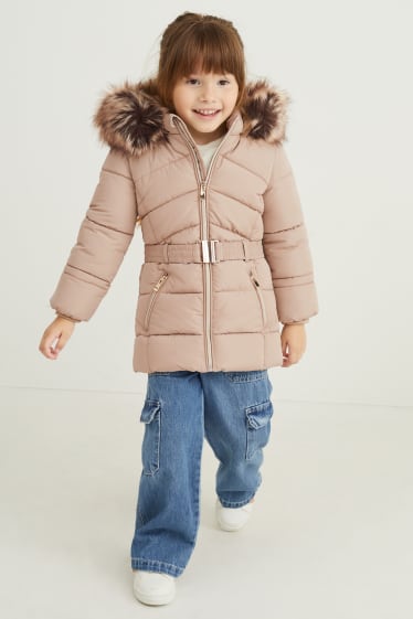 Toddler Girls - Quilted jacket with hood and faux fur trim - light brown