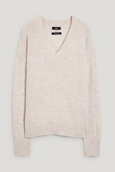 Damen - Pullover mit V-Ausschnitt - Woll-Mix - hellbeige