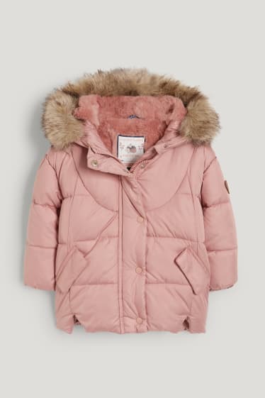 Baby Girls - Baby quilted jacket with hood and faux fur collar - rose