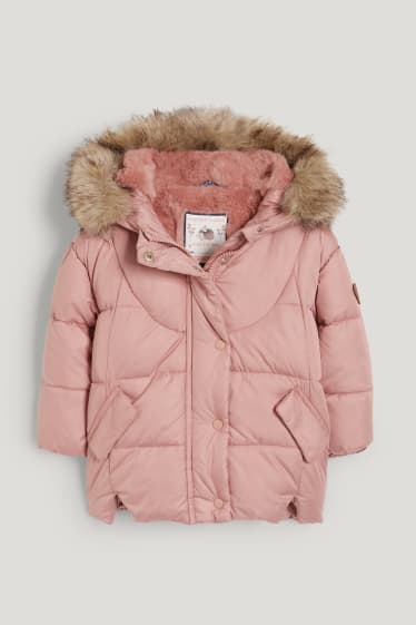 Baby Girls - Gewatteerde babyjas met capuchon en kraag van imitatiebont - roze