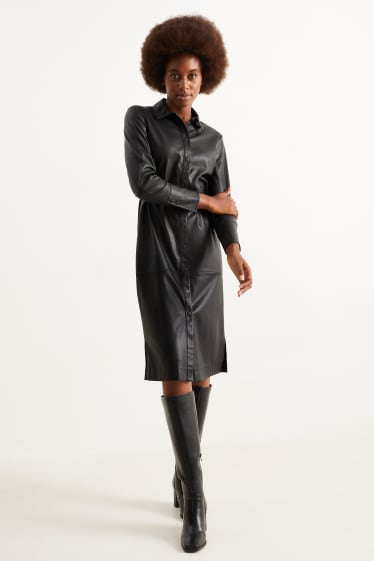 Damen - Blusenkleid - Lederimitat - schwarz