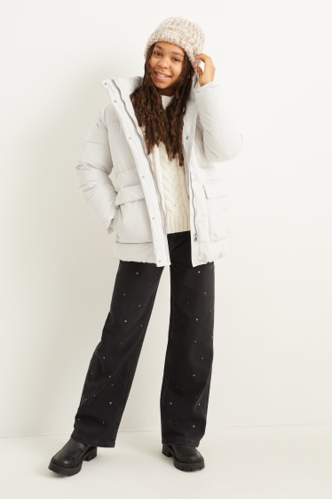 Kids Girls - Quilted jacket with hood - light gray