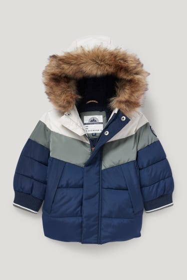 Baby Boys - Baby quilted jacket with hood and faux fur trim - blue / dark green