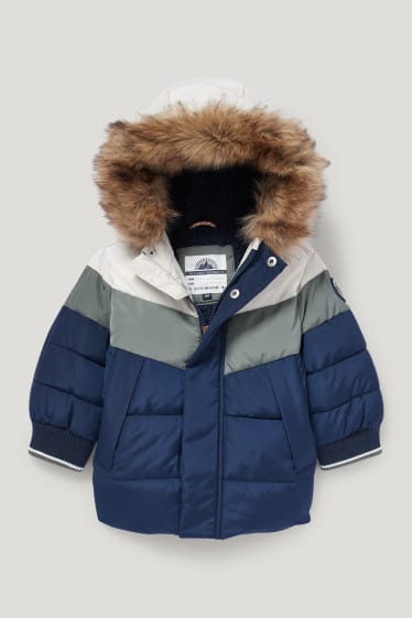 Baby Boys - Baby-Steppjacke mit Kapuze und Kunstfellbesatz - blau / dunkelgrün