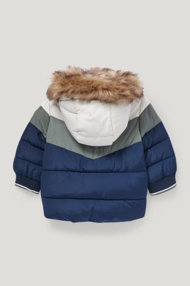 Baby Boys - Baby-Steppjacke mit Kapuze und Kunstfellbesatz - blau / dunkelgrün