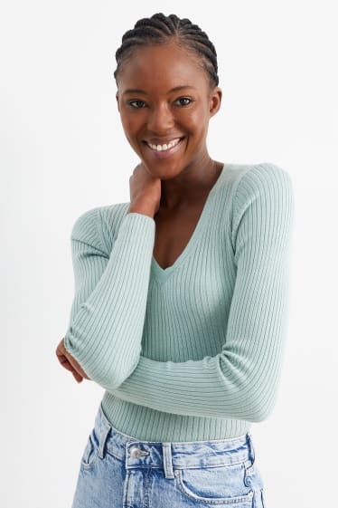 Damen - Basic-Pullover mit V-Ausschnitt - gerippt - mintgrün