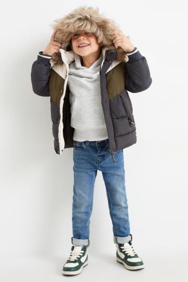 Toddler Boys - Quilted jacket with hood and faux fur trim - green
