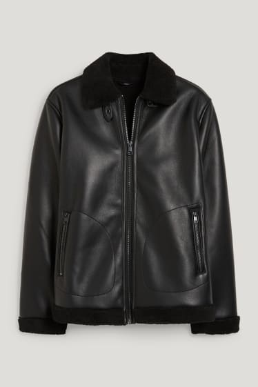 Herren - Shearling Jacke - Lederimitat - schwarz
