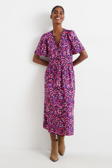 Damen - Empirekleid - geblümt - blau / pink