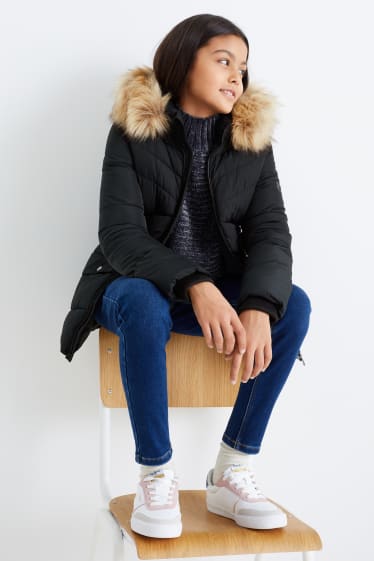 Niñas - Chaqueta acolchada con capucha y pelo sintético - negro