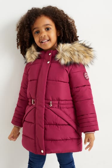 Toddler Girls - Quilted jacket with hood and faux fur trim - dark rose