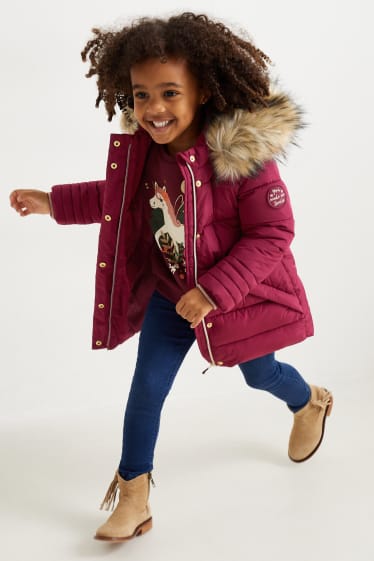 Toddler Girls - Quilted jacket with hood and faux fur trim - dark rose