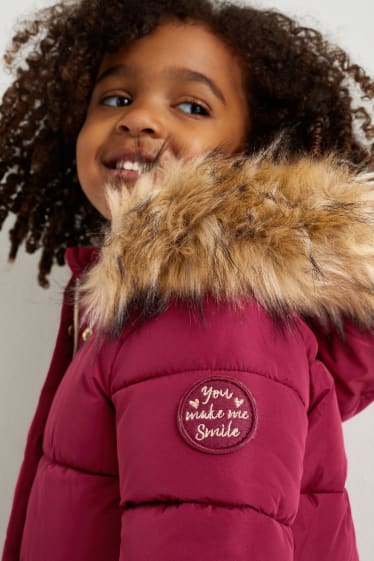 Toddler Girls - Quilted jacket with hood and faux fur trim - dark rose