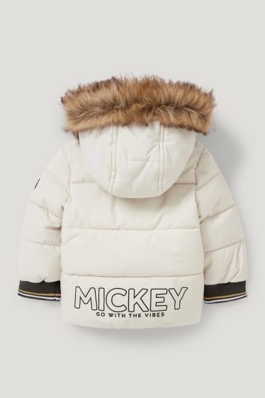 Baby Boys - Mickey Mouse - baby quilted jacket with hood and faux fur trim - beige