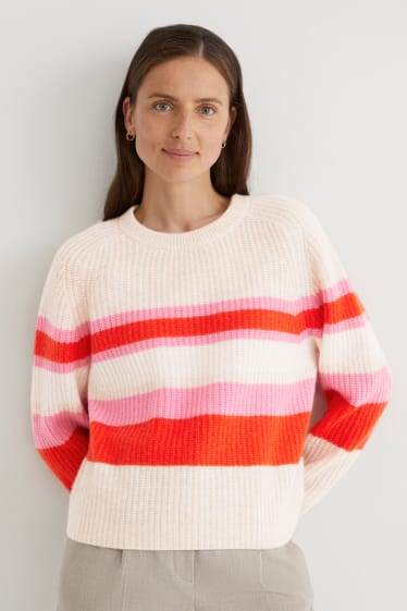 Damen - Kaschmir-Pullover - gestreift - hellbeige