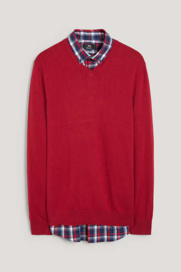 Home - Jersei de punt fi i camisa - regular fit - button-down - vermell fosc
