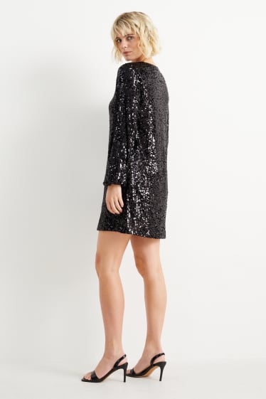 Damen - A-Linien-Pailletten-Kleid mit V-Ausschnitt - schwarz