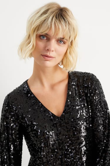 Damen - A-Linien-Pailletten-Kleid mit V-Ausschnitt - schwarz