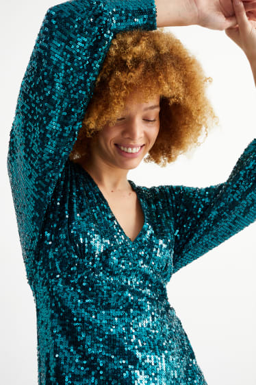 Damen - Paillettenkleid mit V-Ausschnitt - glänzend - grün