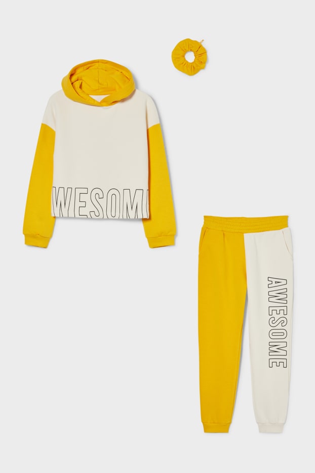 Filles - Ensemble - tenue de jogging et élastique à cheveux - coton bio - 3 pièces - blanc / jaune