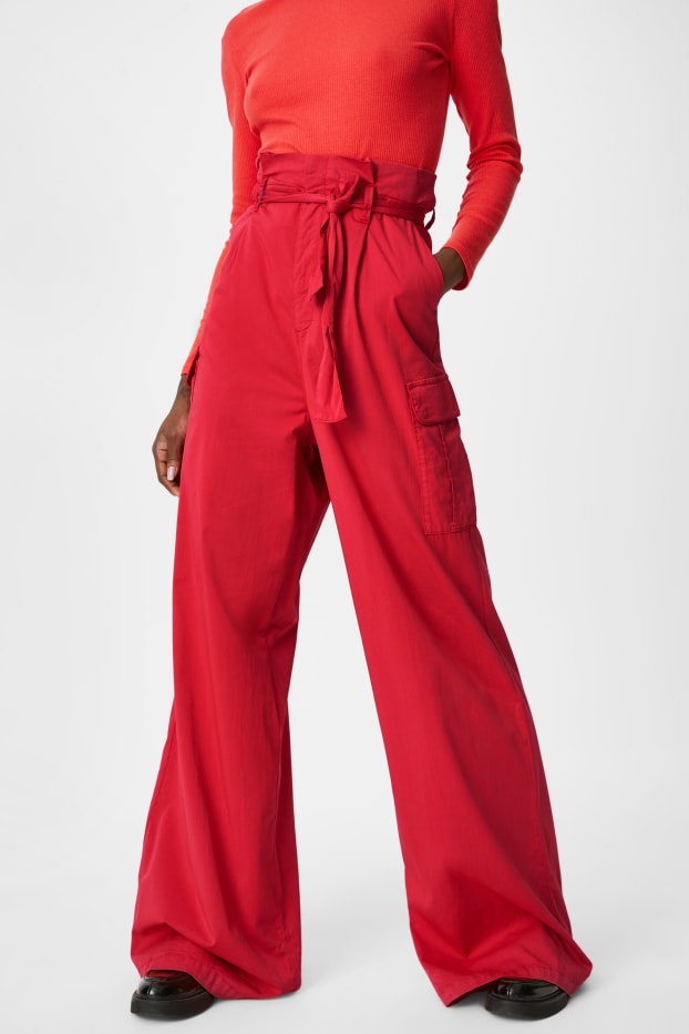 Women - Paper bag trousers - loose fit - red