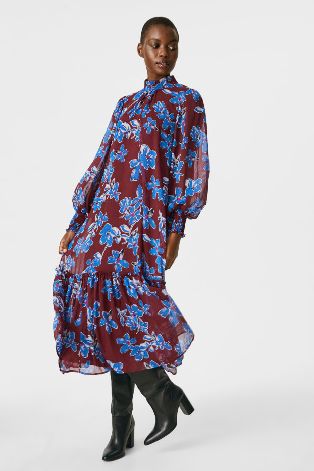 Kobiety - Sukienka szyfonowa - materiał z recyklingu - w kwiatki - ciemnoczerwony
