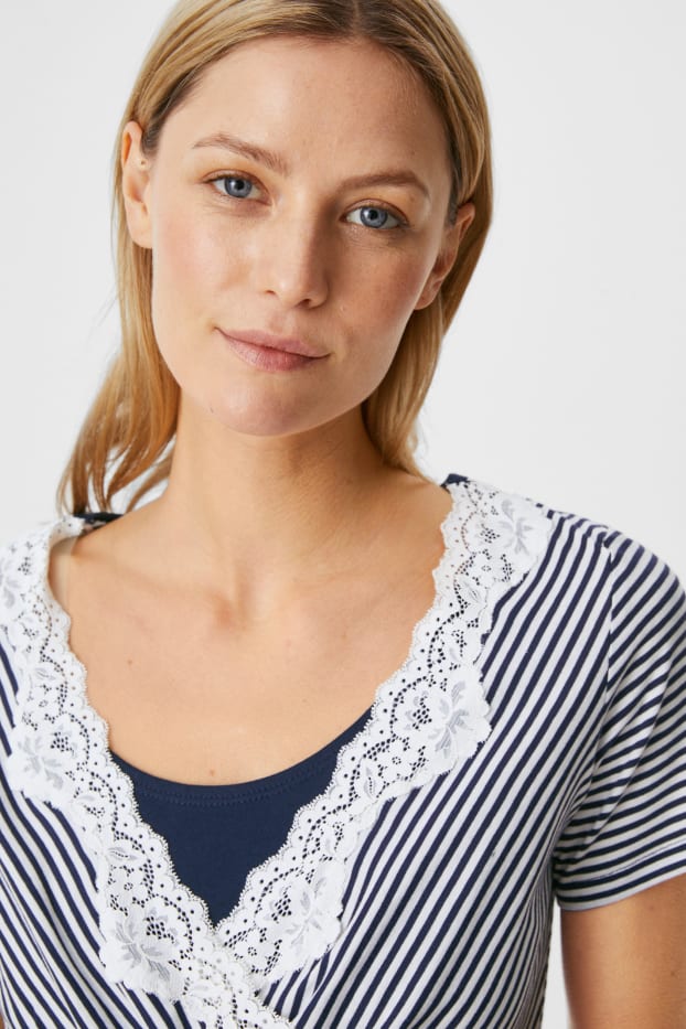 Donna - Camicia da notte per allattamento - cotone biologico - a righe - blu scuro / bianco