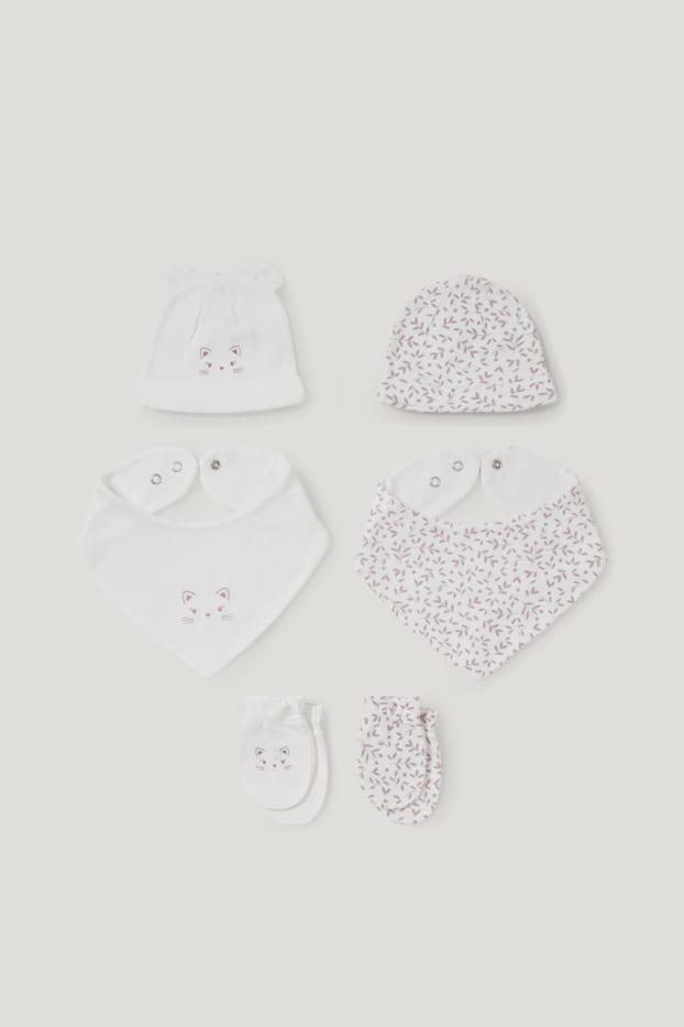 Baby Girls - 2 Baby-Mützen, -Dreieckstücher und -Anti-Kratz-Handschuhe - cremeweiß