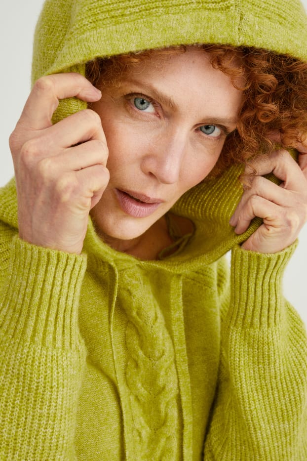 Kobiety - Sweter z kapturem - materiał z recyklingu - jasnozielony