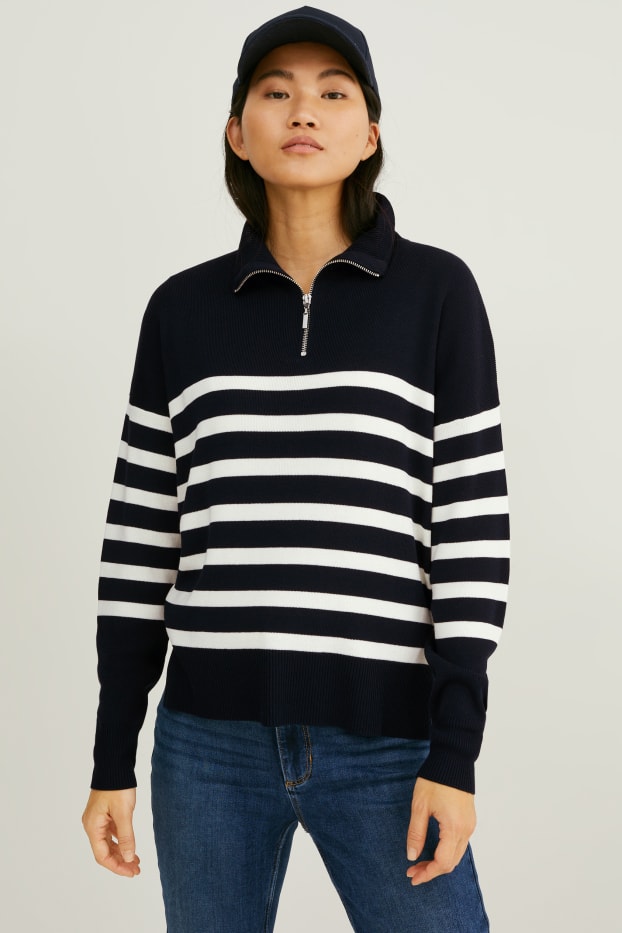 Damen - Pullover - gestreift - dunkelblau / weiß
