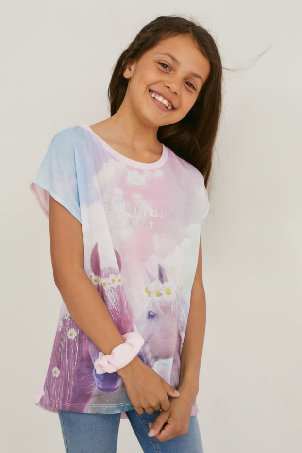 Kids Girls - Set - Kurzarmshirt und Scrunchie - 2 teilig - Glanz-Effekt - rosa