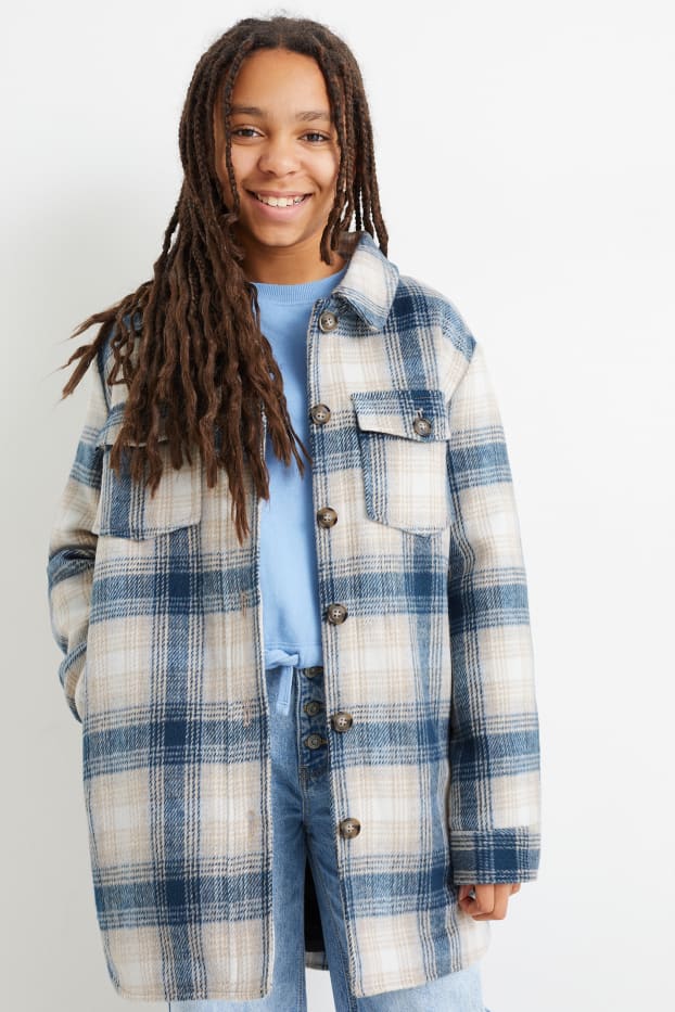 Kids Girls - Shacket - kariert - dunkelblau / grau